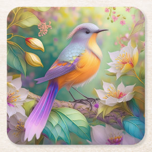 Lavendelkop Sinaasappel Breasted Fantasy Bird Vierkante Kartonnen Onderzetter