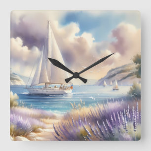 Lavendelkust Zeilboot Aquarel Scene Vierkante Klok