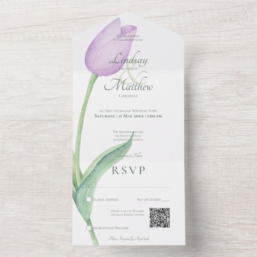 Lavendeltulp Solo Paarse moderne QR-code All In One Uitnodiging (Binnen)