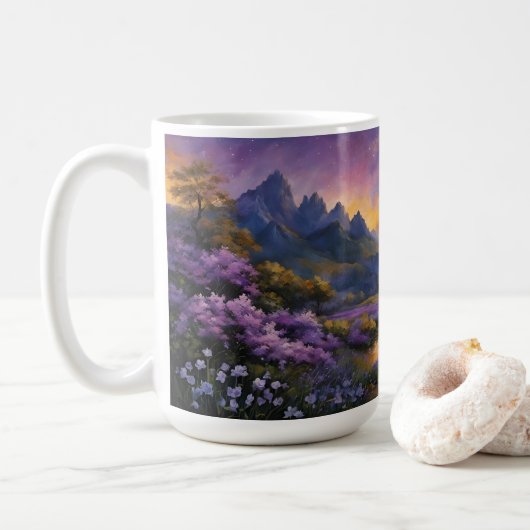 Lavendelvallei bij zonsopgang koffiemok (Met donut)
