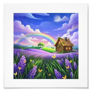 Lavendelveld Regenboog Cottage Droom Foto Afdruk