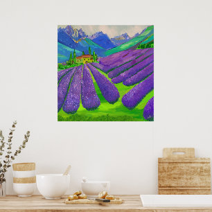 Lavendelvelden voor bergen poster