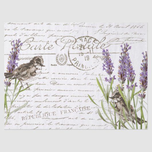 Lavender Bird Briefkaart French Script Decoupage Tissuepapier (Voorkant)