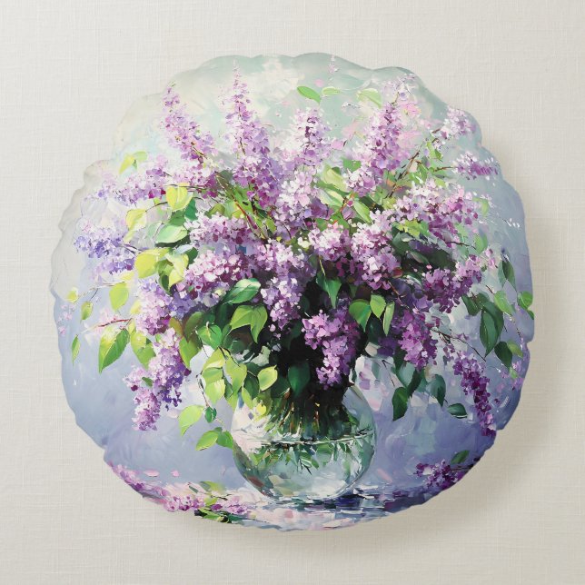 Lavender Blooming Lilac Bouquet Rond Kussen (Voorkant)