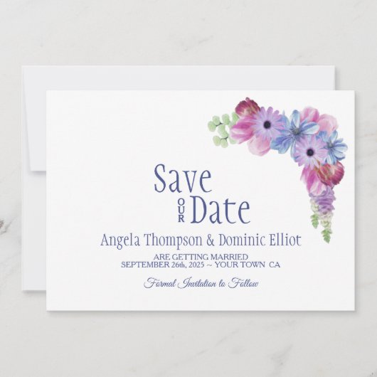 Lavender Blue Floral Wedding Save the Date (Voorkant)