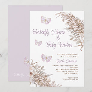 Lavender Boho Floral Butterfly Kisses Baby shower Kaart