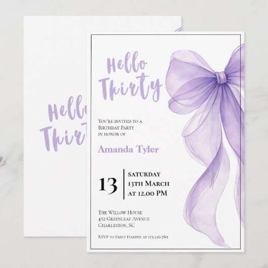 Lavender Bow 30th Birthday Invitation Kaart (Voorkant / Achterkant)