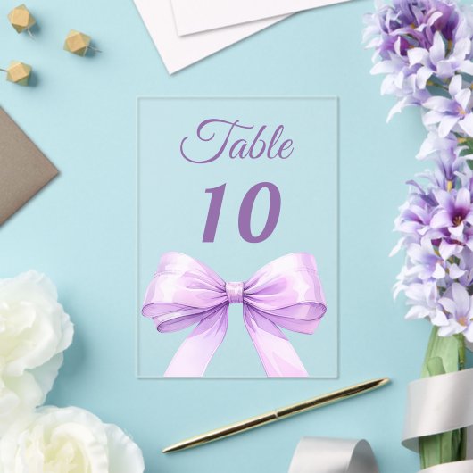 Lavender bow acrylic table number sign acryl uitnodigingen (Insitu (Huwelijk))