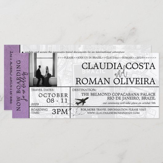 Lavender Brésil Mariage Boarding Pass Invitation (Devant / Derrière)