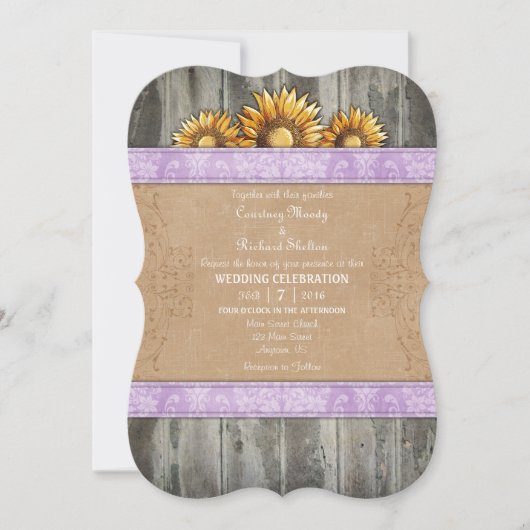 Lavender Brown Rustic Sunflower Wedding Invite Kaart (Voorkant)