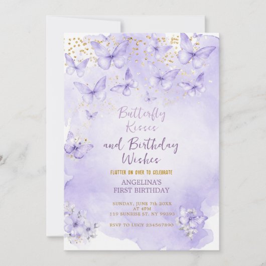 Lavender Butterfly First Birthday Invitation (Devant)