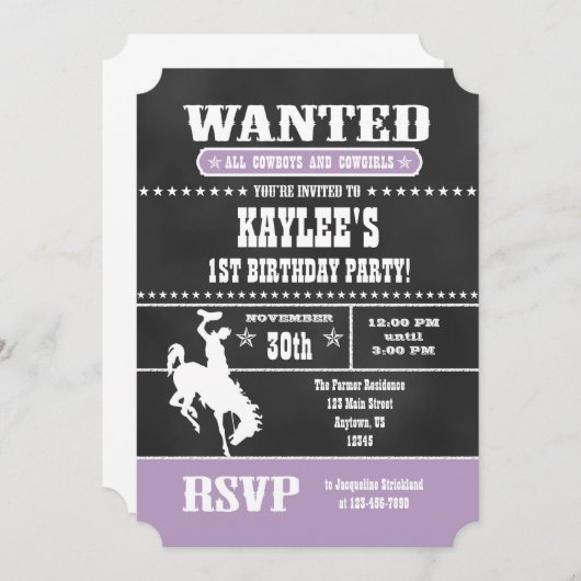 Lavender Chalkboard Cowboy Invitation d'anniversai (Devant / Derrière)