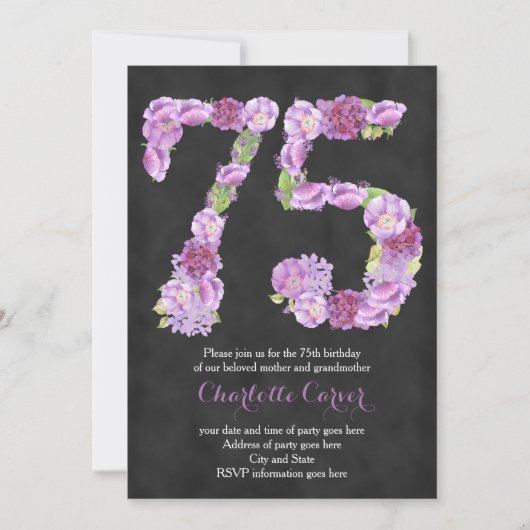 Lavender chalkboard uitnodiging voor 75e verjaarda (Voorkant)