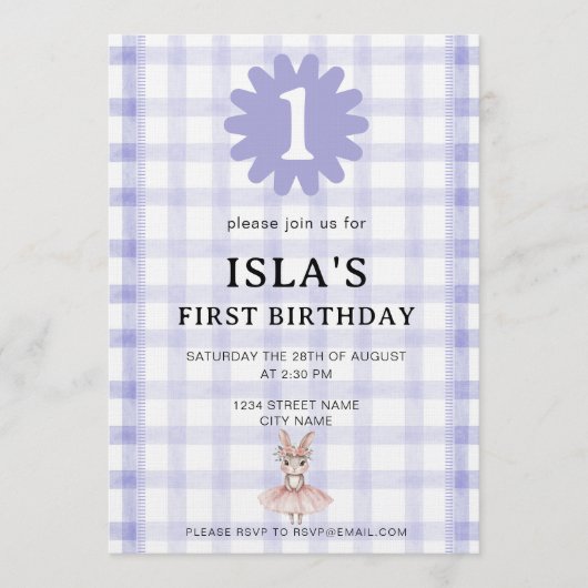 Lavender Check Bunny Ballerina Birthday Invitation (Devant)