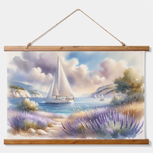 Lavender Coast Sailboat Waterverf Scene Hangend Wandkleed (Voorkant)