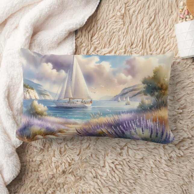 Lavender Coast Sailboat Waterverf Scene Kussen (Deken)