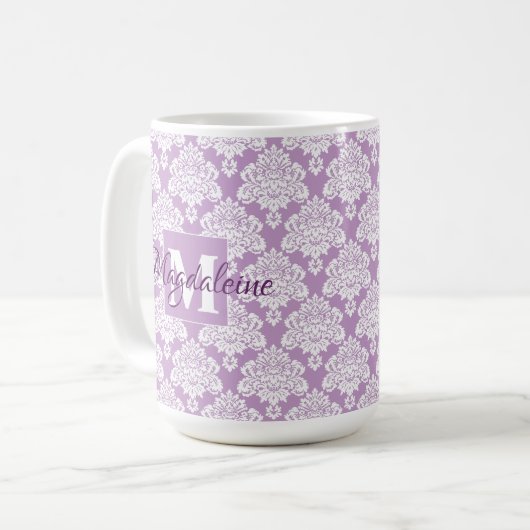 Lavender Damask Mug avec Monogramme et nom (Devant gauche)