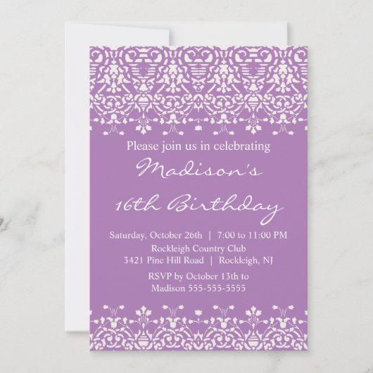 Lavender Damask Sweet Sixteen Birthday Uitnodiging (Voorkant)