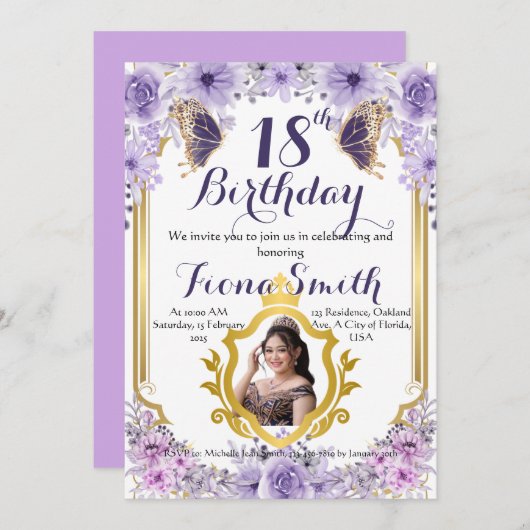 Lavender Dream Floral Birthday Invitation Card (Devant / Derrière)