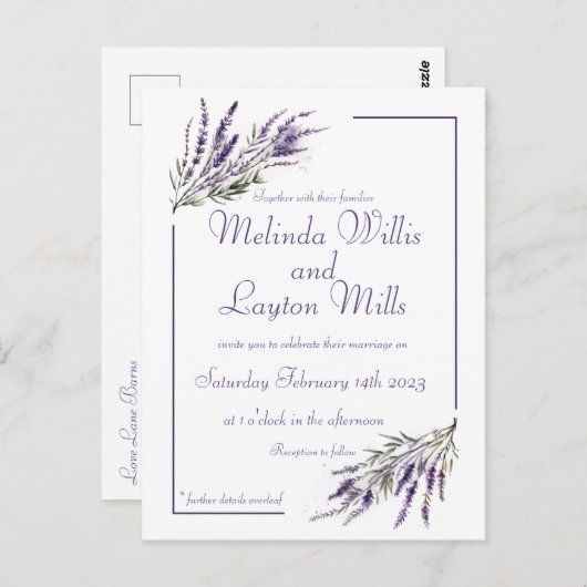 Lavender Dreams: Waterverf bruiloft Briefkaart (Voorkant / Achterkant)