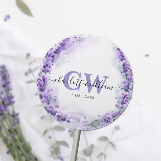 Lavender Elegant Waterverf Monogram Wedding Ronde Sticker