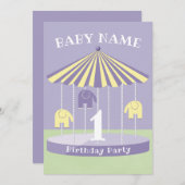 Lavender Elephant Carousel 1st Birthday Kaart (Voorkant / Achterkant)