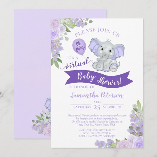Lavender Elephant & Floral Virtual Baby shower Kaart (Voorkant / Achterkant)