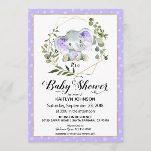 Lavender Elephant Modern Baby shower Kaart