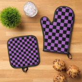 Lavender en Black Checkered Pattern Ovenwant & Pannenlap Set (Top down)