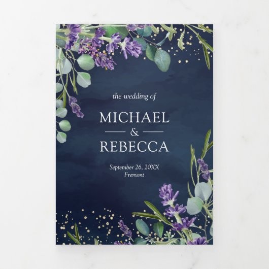 Lavender en Eucalyptus Navy Blue QR Code Weddensch Drieluik Uitnodiging (Cover)