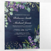 Lavender en Eucalyptus Navy Blue QR Code Weddensch Drieluik Uitnodiging (Binnenzijde eerst)
