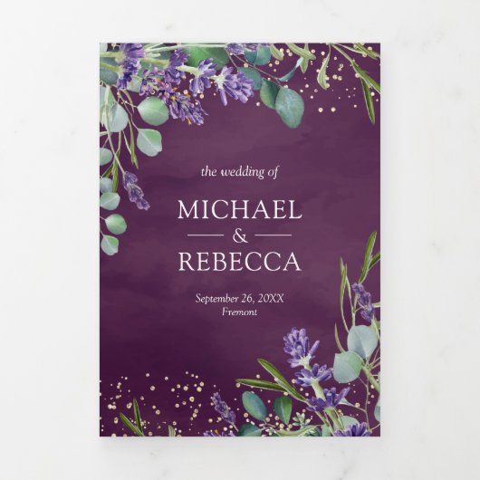 Lavender en Eucalyptus Paarse QR Code Weddenschap Drieluik Uitnodiging (Cover)