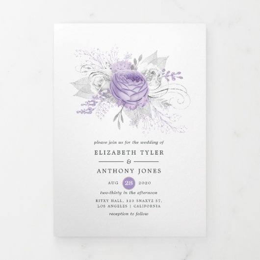 Lavender en Silver Floral Wedding Drieluik Uitnodiging (Cover)