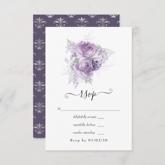 Lavender en Silver Floral Wedding RSVP Kaartje (Voorkant / Achterkant)