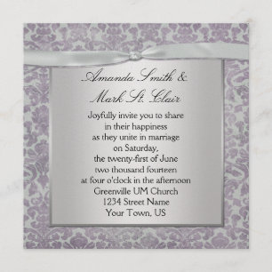 Lavender en Silver Grunge Damask Wedding Invitati Kaart