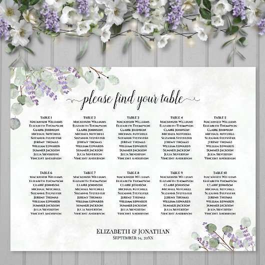 Lavender Eucalyptus 10 Table Wedding Seating Chart Poster