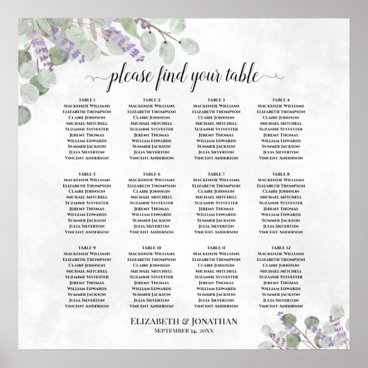 Lavender Eucalyptus 12 Tafel Wedding Seating Chart Poster (Voorkant)