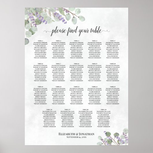 Lavender Eucalyptus 19 Tafel - bruiloft Poster (Voorkant)
