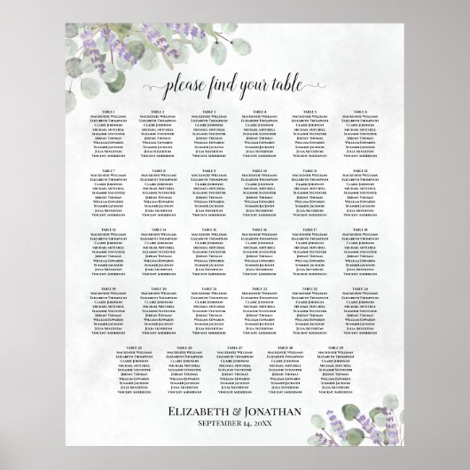 Lavender Eucalyptus 29 Tafel Wedding Seating Chart Poster (Voorkant)