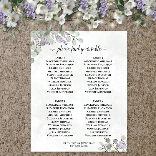 Lavender Eucalyptus 4 Table Wedding Seating Chart Poster