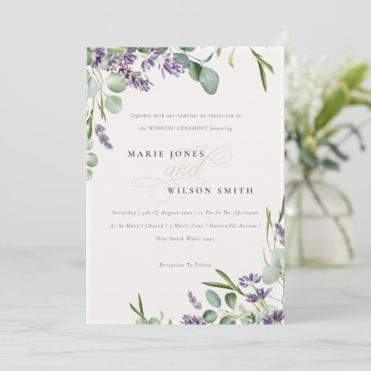 Lavender Eucalyptus Leafy Bunch Mariage Invitation (Debout devant)