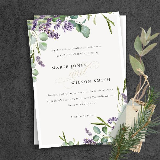 Lavender Eucalyptus Leafy Bunch Wedding Invite Bedankkaart