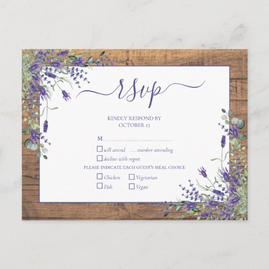 Lavender Eucalyptus Script Wood Weddenschap RSVP Uitnodiging Briefkaart (Voorkant)