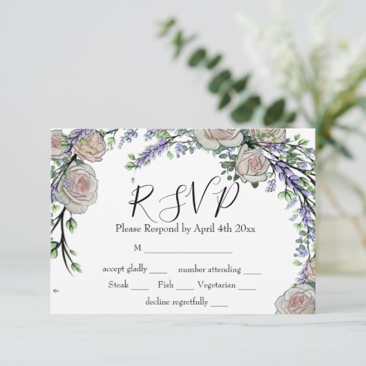 Lavender Eucalyptus white roses greenery RSVP Kaartje (Staand voorkant)
