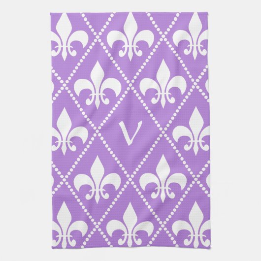 Lavender Fleur de Lis met monogram initiaal Theedoek (Verticaal)