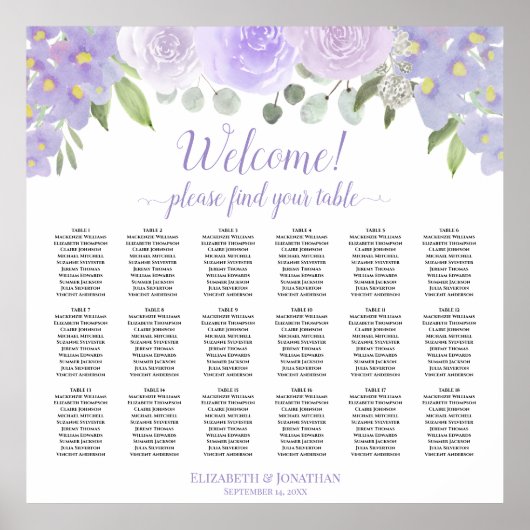 Lavender Floral 18 Table Wedding Seating Chart Poster (Voorkant)