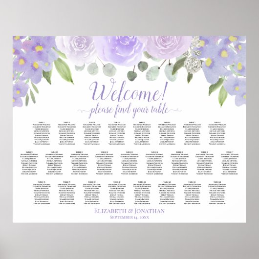 Lavender Floral 25 Table Wedding Seating Chart Poster (Voorkant)