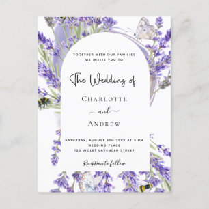 Lavender floral arch White script bruiloft invitat Briefkaart