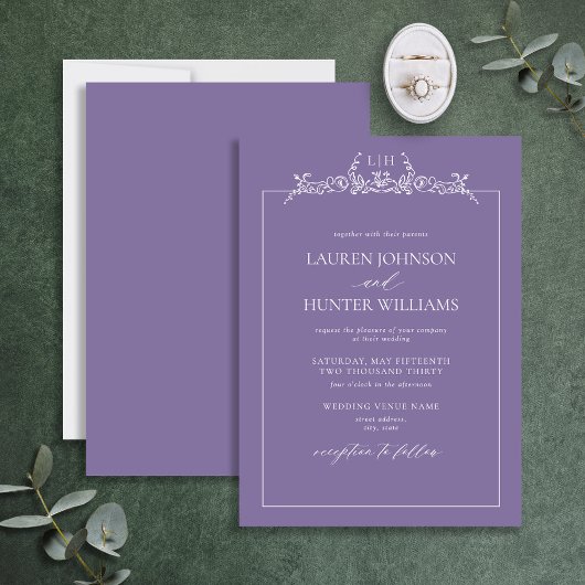 Lavender Floral Border Monogram Weddenschap Kaart