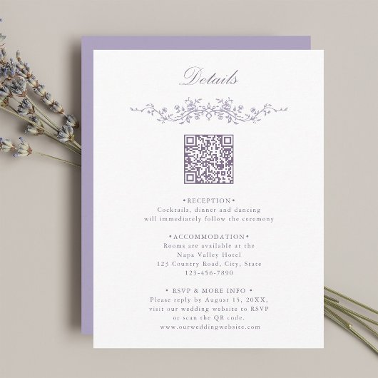 Lavender Floral Border QR Code Wedding Details Informatiekaartje